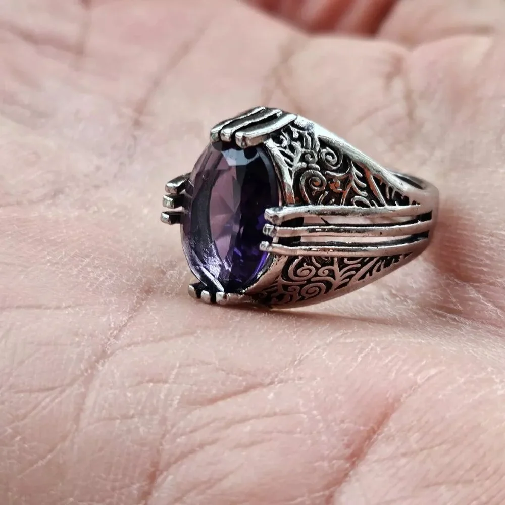 Turkish style Rings Fashion Jewelry Silver Tone W/ Faux Purple Crystal Size 7